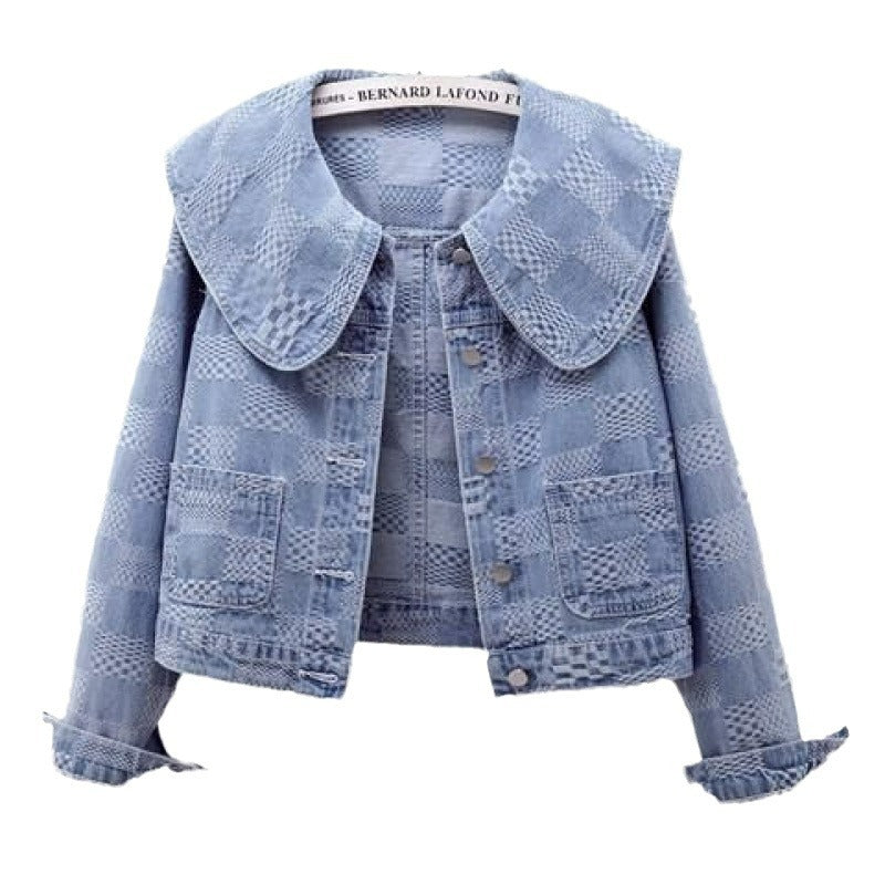 Niche Sailor Collar Jacquard Short Denim Coat