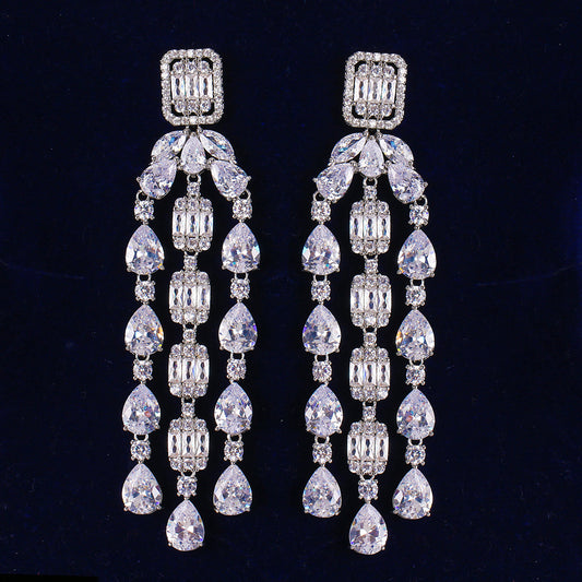 Fashion Tassel Silver-plated Ear Studs Geometric Zircon